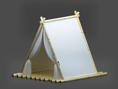 Bamboo Tent Photo Check in Spot With White Curtains And Wooden Frame 3d model