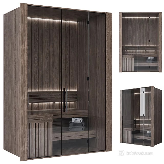 Modern Wooden Shower Sauna Interior Design With Glass Door And Towel Shelves 3d model 