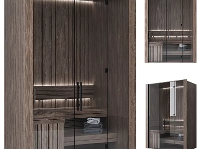 Modern Wooden Shower Sauna Interior Design With Glass Door And Towel Shelves 3d model