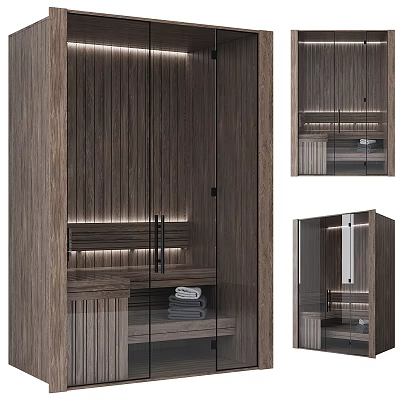 Modern Wooden Shower Sauna Interior Design With Glass Door And Towel Shelves 3d model