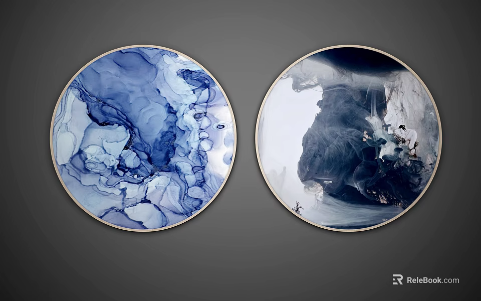 Round Framed Ink Wash Artworks With Blue White And Black Abstract Landscapes 3d model 