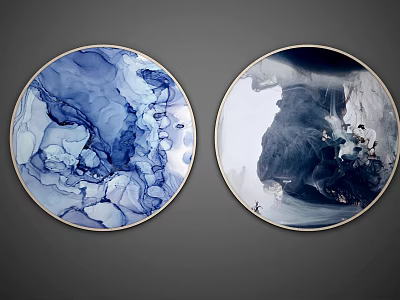 Round Framed Ink Wash Artworks With Blue White And Black Abstract Landscapes 3d model