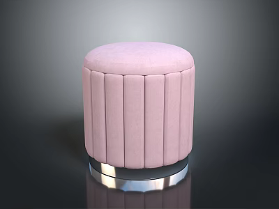 Round Pink Velvet Ottoman With Vertical Tufted Design And Metal Base 3d model