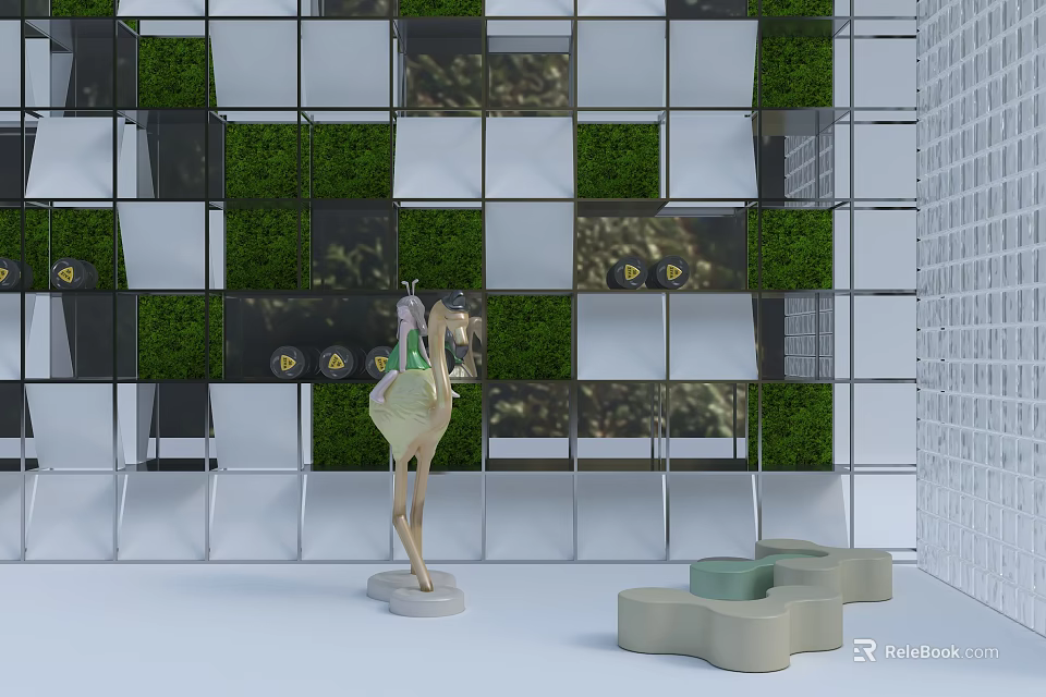 Modern Geometric Grid Partition With Green Plant Decor And White Panels In Interior Design 3d model 