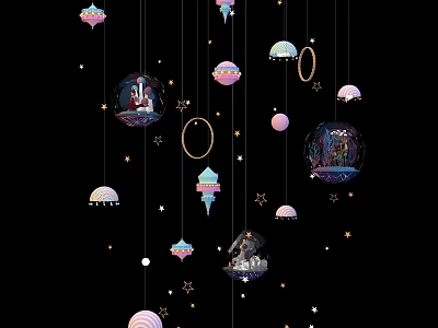 Colorful Decorative Hanging Celestial Ornaments With Planets Stars And Hoops 3d model