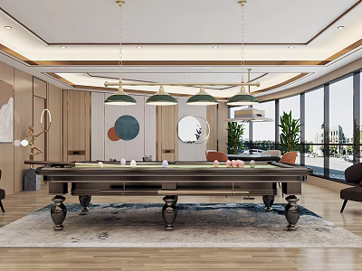 Modern Luxury Billiard Room With Pool Table And Chandeliers 3d model