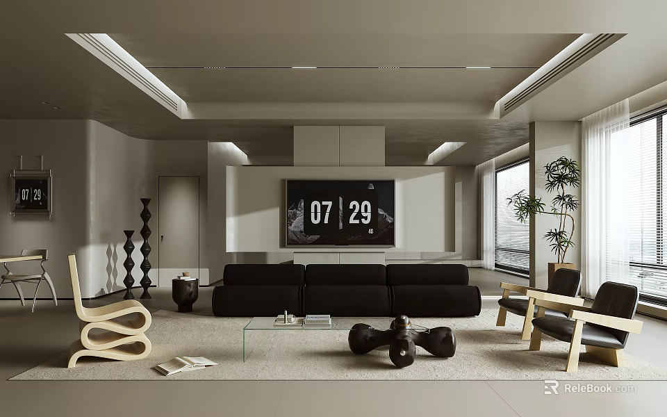 Modern Living Room Interior With Black Sofa Glass Coffee Table TV And Wooden Chair 3d model 