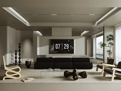 Modern Living Room Interior With Black Sofa Glass Coffee Table TV And Wooden Chair 3d model