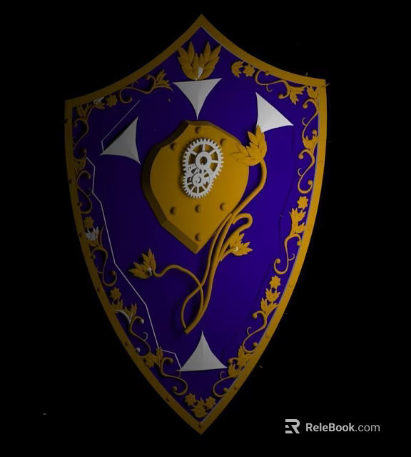 Shield Shaped Decorative Ornament Set With Blue Gold Heart Gear And Golden Patterns White Triangles 3d model 
