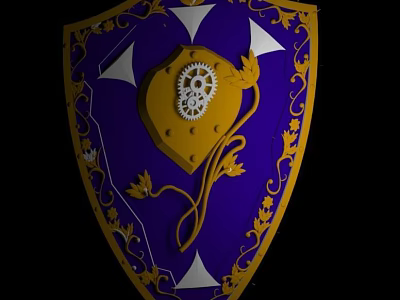 Shield Shaped Decorative Ornament Set With Blue Gold Heart Gear And Golden Patterns White Triangles 3d model