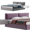 Modern Double Bed With Purple Gray Headboard Blue Brown Striped Bedding And White Nightstand