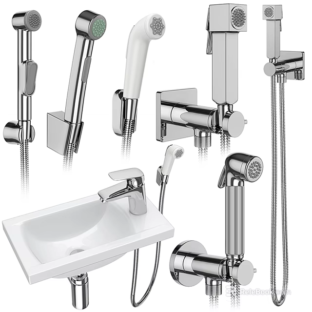 Modern Chrome Bathroom And Kitchen Faucet Designs With Handheld Sprayer Wall Mounted Taps 3d model 