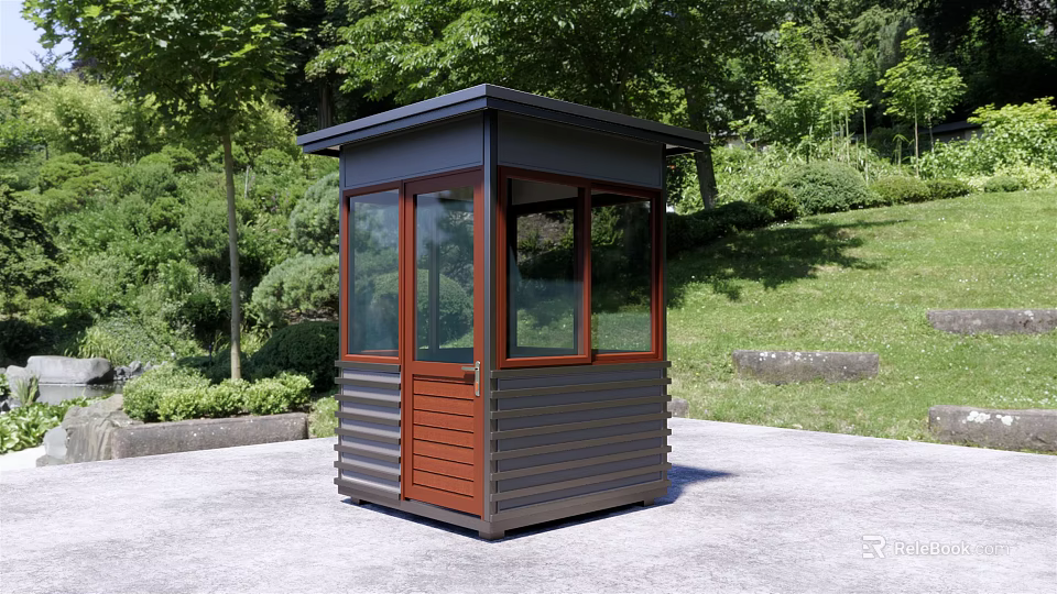 Outdoor Guard Booth With Glass Windows Wooden Door And Dark Roof In Landscaped Area 3d model 