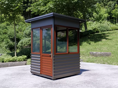 Outdoor Guard Booth With Glass Windows Wooden Door And Dark Roof In Landscaped Area 3d model