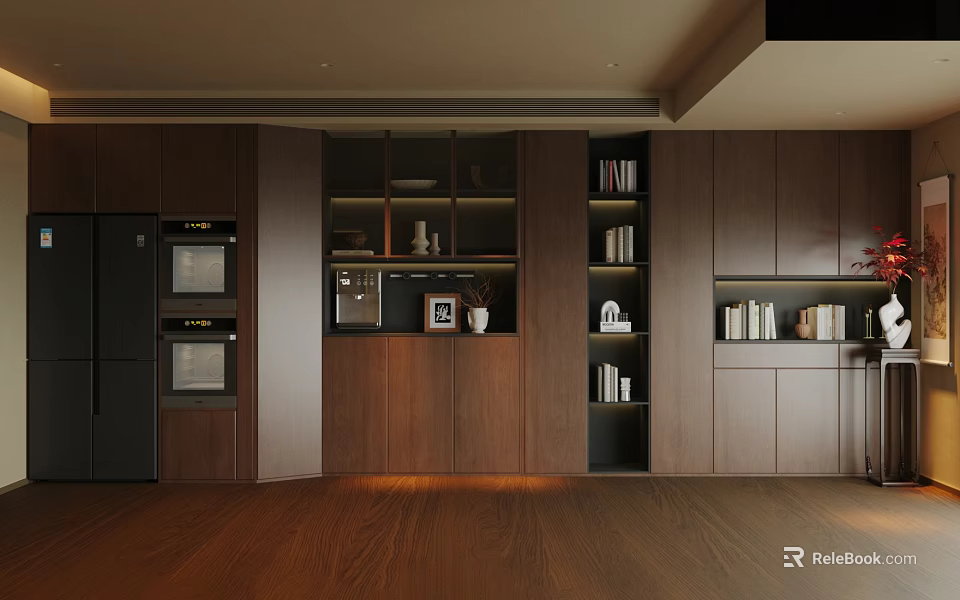 Modern Dark Wood Sideboard With Display Shelves And Decorative Books In Kitchen Interior 3d model 