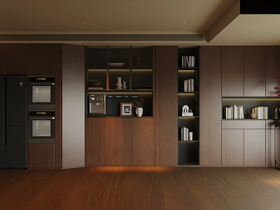 Modern Dark Wood Sideboard With Display Shelves And Decorative Books In Kitchen Interior 3d model