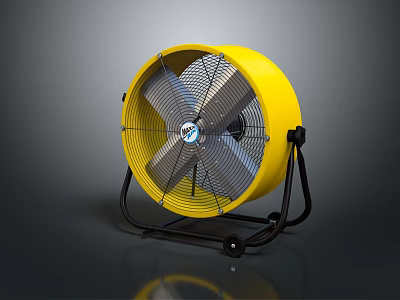 Yellow Air Cooler Fan with Black Stand Wheels and Metal Blades for Powerful Cooling 3d model