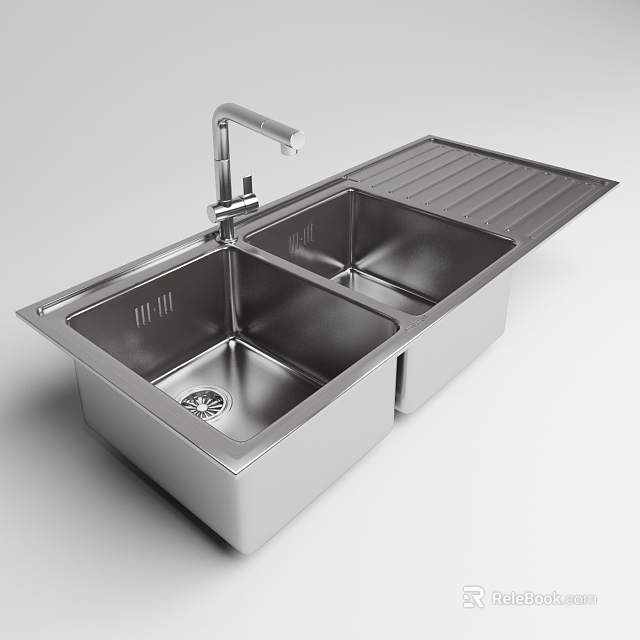 Stainless Steel Double Bowl Kitchen Sink With Faucet And Drainer For Home Kitchen Use 3d model 
