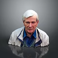 Senior Man With White Hair In White Jacket Blue Shirt Against Gray Background With Reflection