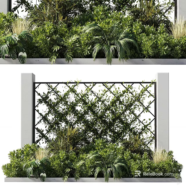 Decorative Lattice Fence Surrounded By Lush Green Plants Between Pillars 3d model 