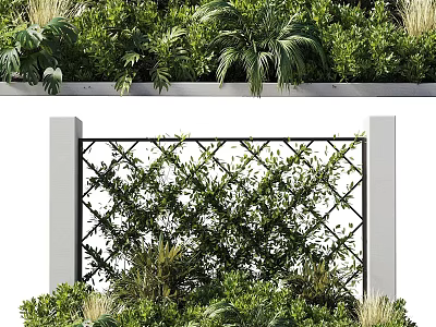 Decorative Lattice Fence Surrounded By Lush Green Plants Between Pillars 3d model