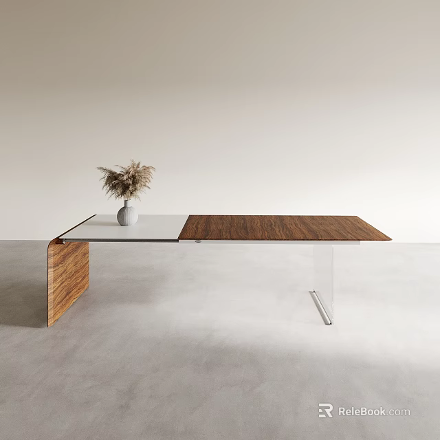 Modern Office Desk With Wood White Two Tone Surface Metal Legs And Dried Plant 3d model 