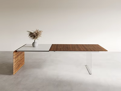 Modern Office Desk With Wood White Two Tone Surface Metal Legs And Dried Plant 3d model