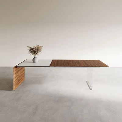 Modern Office Desk With Wood White Two Tone Surface Metal Legs And Dried Plant 3d model