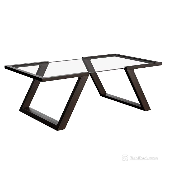 Modern Coffee Table With Glass Top And Dark Geometric Wooden Legs Design 3d model 