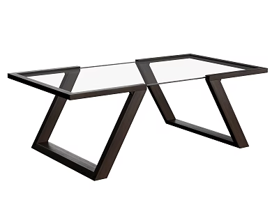 Modern Coffee Table With Glass Top And Dark Geometric Wooden Legs Design 3d model