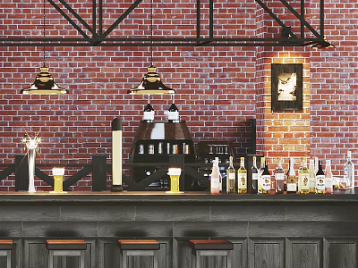 Industrial Bar Counter With Red Brick Wall Black Metal Pendant Lights And Wine Bottles 3d model