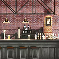 Industrial Bar Counter With Red Brick Wall Black Metal Pendant Lights And Wine Bottles