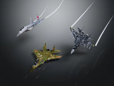 Three Military Fighter Jets With Different Camouflage Paint Flying With White Contrails 3d model