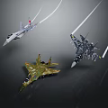 Three Military Fighter Jets With Different Camouflage Paint Flying With White Contrails