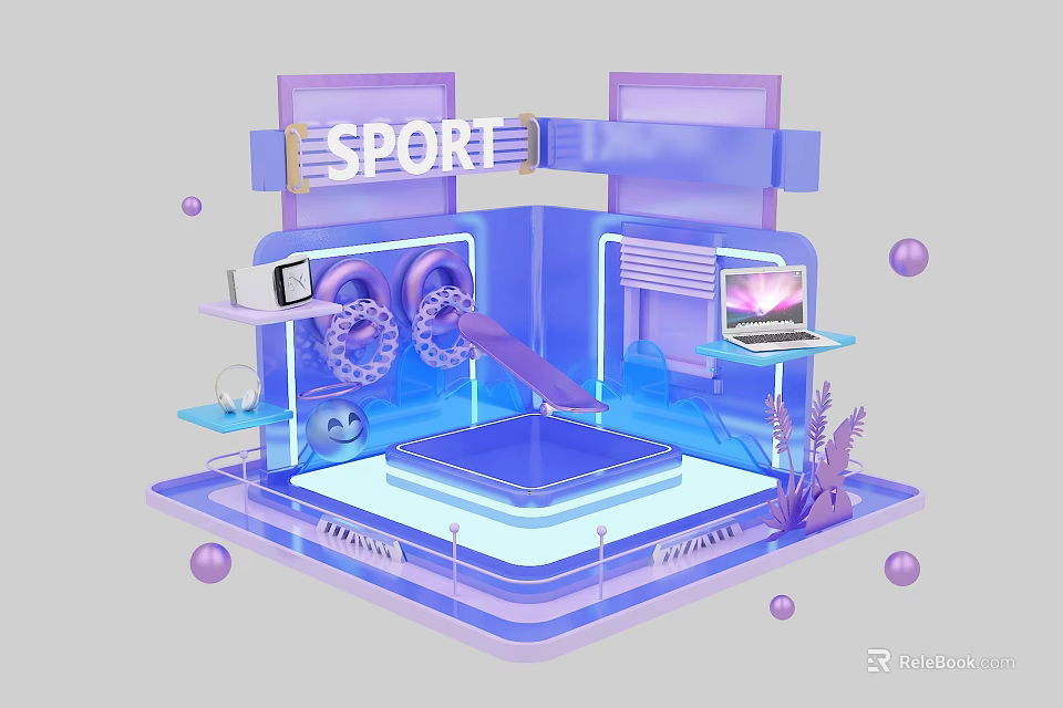 Sport Themed Display Stand With Purple Blue Neon Lights And Tech Devices 3d model 