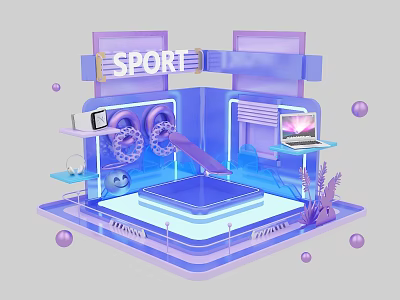 Sport Themed Display Stand With Purple Blue Neon Lights And Tech Devices 3d model