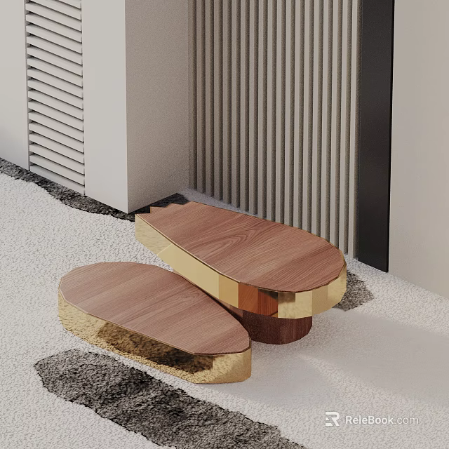 Modern Sofa Coffee Table Set With Wooden Tabletop And Golden Frame For Living Room Design 3d model 