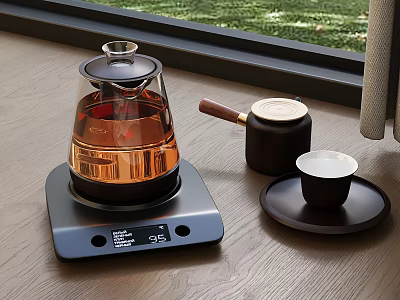 Electric Glass Kettle On Wooden Tabletop With Wooden Handle Container And Small Cup On Tray 3d model