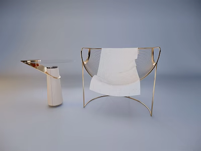 Elegant Leisure Chair With Gold Frame White Cushion And Glass Top Side Table 3d model