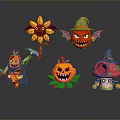 Halloween Cartoon Characters With Pumpkin Devil Sunflower Witch Hat And Mushroom 3d model