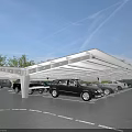 Solar Panel Covered Carport Canopies Providing Shade in Outdoor Parking Lot with Vehicles and Trees