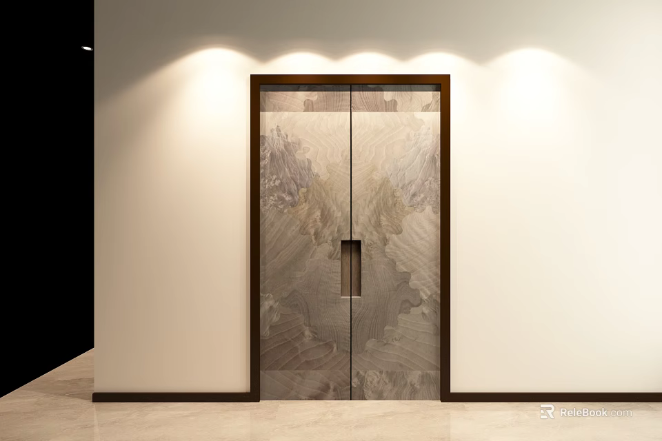 Modern Double Doors With Stone Texture And Dark Frame Illuminated By Wall Lights In Interior 3d model 