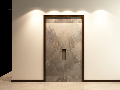 Modern Double Doors With Stone Texture And Dark Frame Illuminated By Wall Lights In Interior 3d model