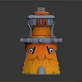 Mechanical Weapon With Orange Yellow Blades Sharp Edges Green Lights And Blue Handle