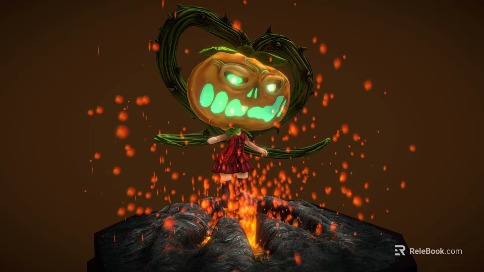 Cartoon Girl Character With Pumpkin Head Creature And Vine Tentacles On Lava Ground With Sparks 3d model 