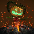 Cartoon Girl Character With Pumpkin Head Creature And Vine Tentacles On Lava Ground With Sparks