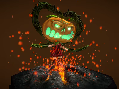 Cartoon Girl Character With Pumpkin Head Creature And Vine Tentacles On Lava Ground With Sparks 3d model