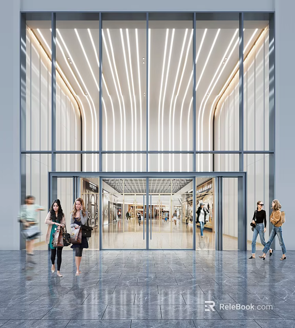 Modern Commercial Storefront With Glass Entrance Doors Striped Lighting And Pedestrians Walking By 3d model 