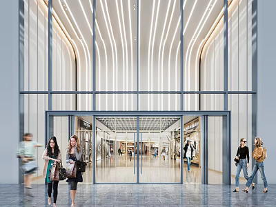 Modern Commercial Storefront With Glass Entrance Doors Striped Lighting And Pedestrians Walking By 3d model