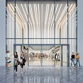 Modern Commercial Storefront With Glass Entrance Doors Striped Lighting And Pedestrians Walking By